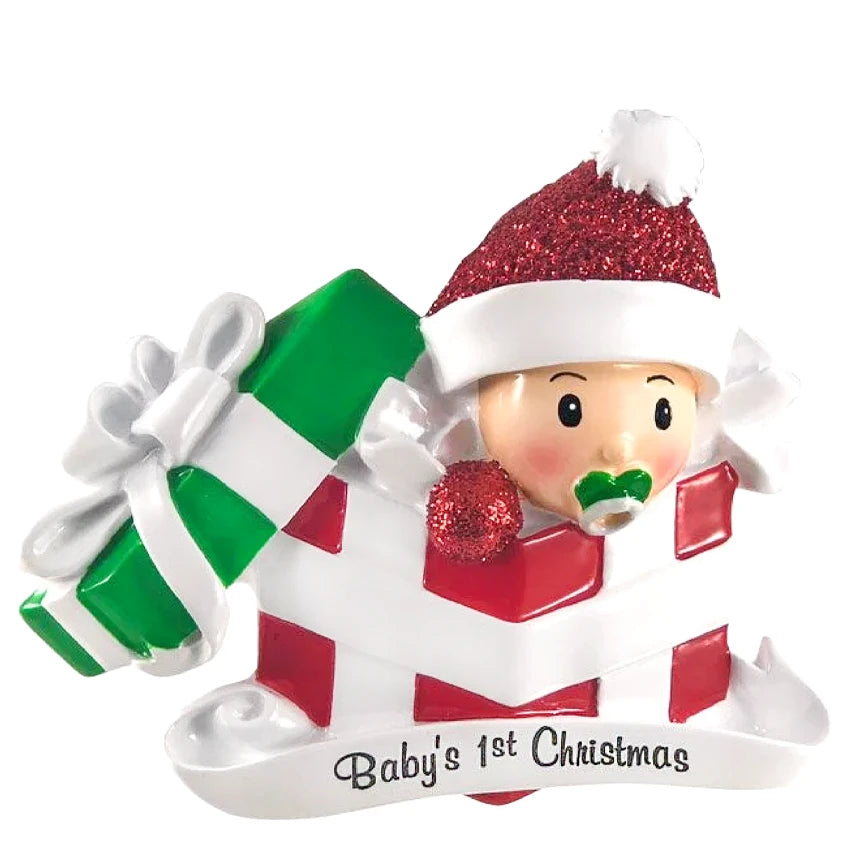 Personalized Baby's First Christmas Ornament - Red Present Box