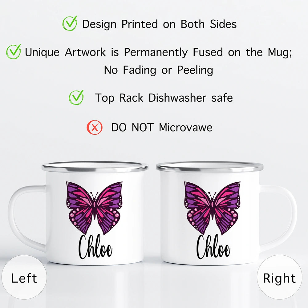 Custom Kids Mug with Name for Girls, Butterfly Hot Chocolate Toddler Mug