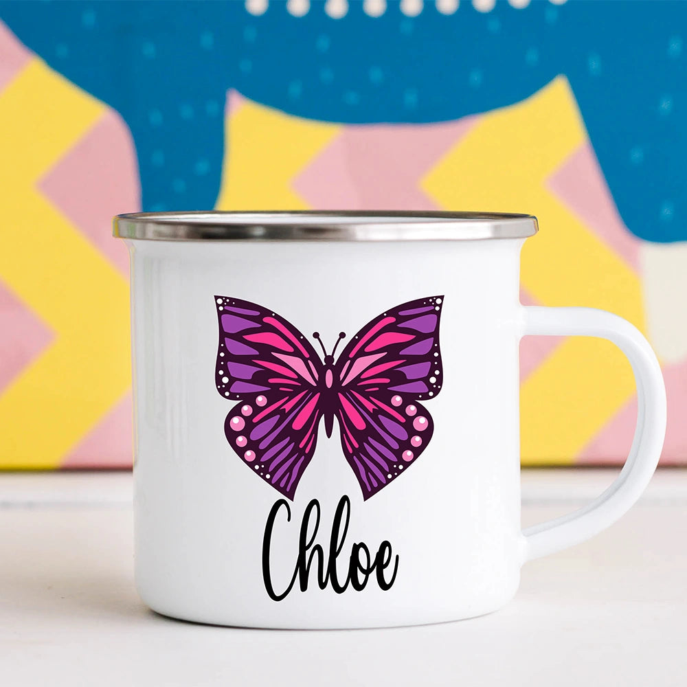 Custom Kids Mug with Name for Girls, Butterfly Hot Chocolate Toddler Mug