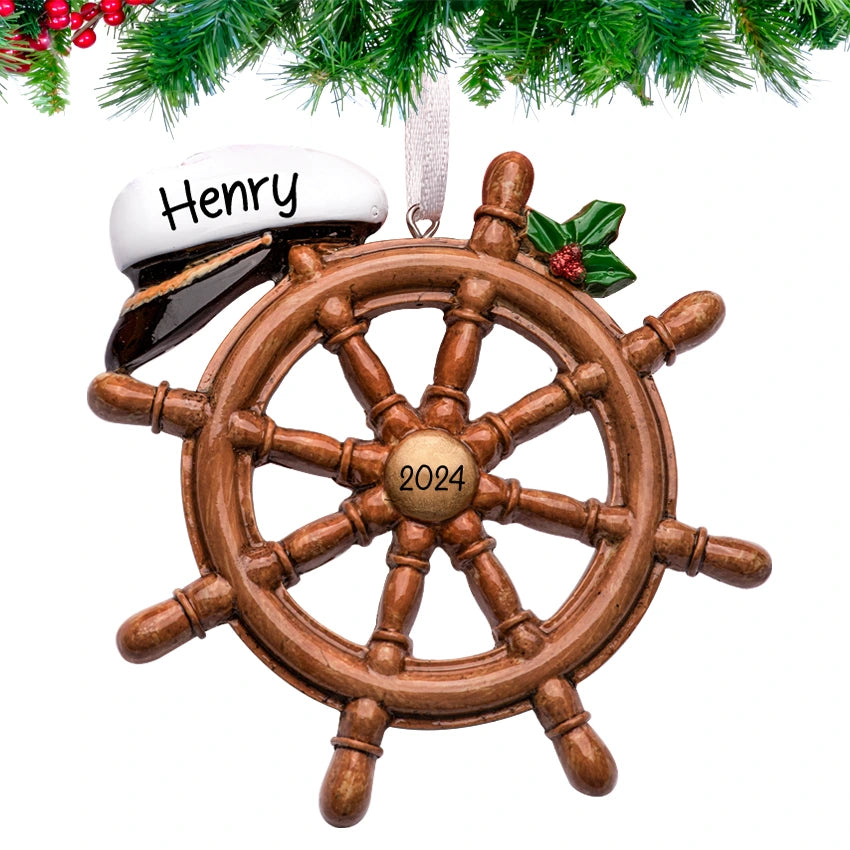 Personalized Captain Christmas Ornament White Sailor Hat on Wheel