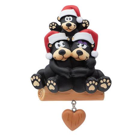 Personalized Black Bear Family of 3 with Heart Christmas Ornament