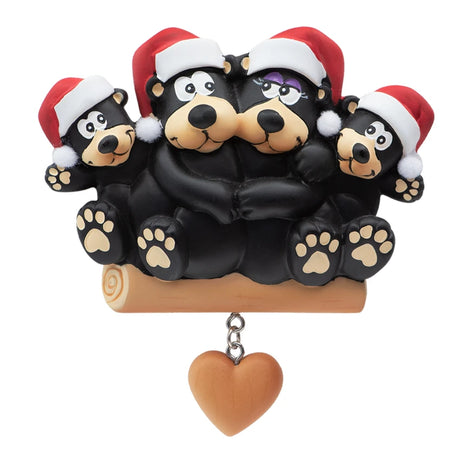 Personalized Black Bear Family of 4 with Heart Christmas Ornament