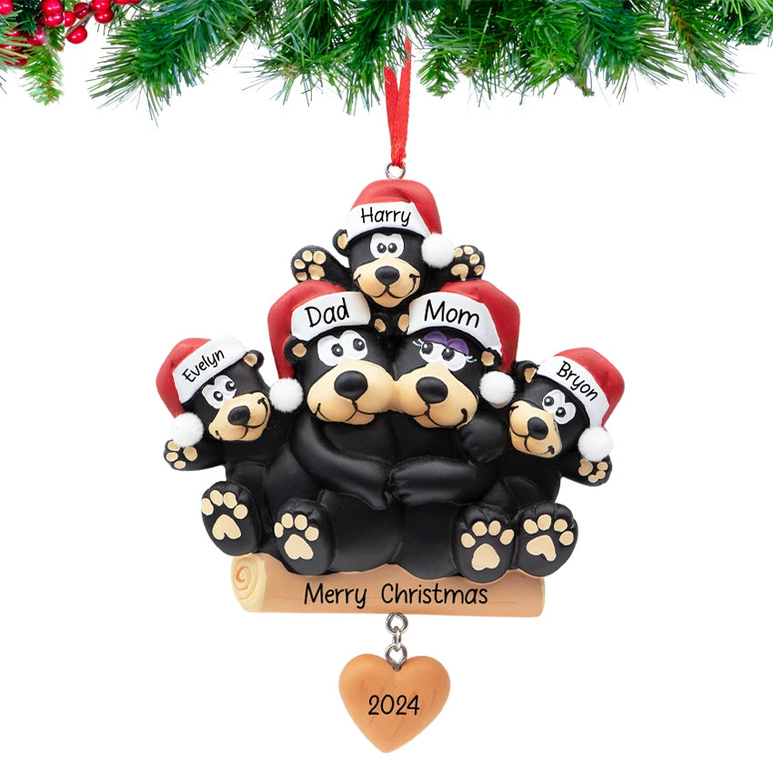 Personalized Black Bear Family of 5 with Heart Christmas Ornament