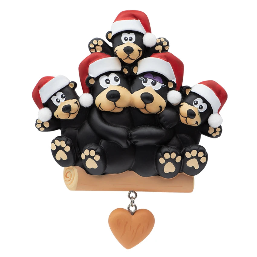 Personalized Black Bear Family of 5 with Heart Christmas Ornament