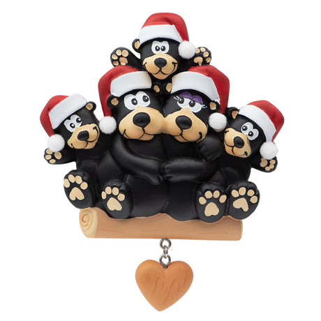 Personalized Black Bear Family of 5 with Heart Christmas Ornament