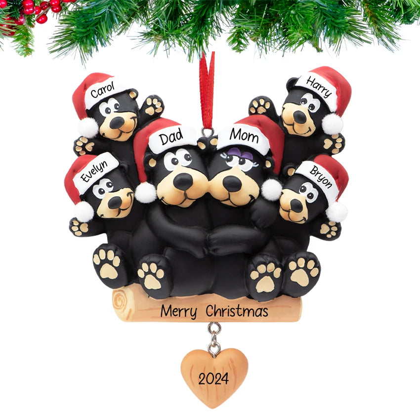 Personalized Black Bear Family of 6 with Heart Christmas Ornament