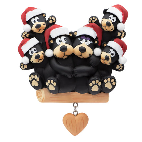 Personalized Black Bear Family of 6 with Heart Christmas Ornament