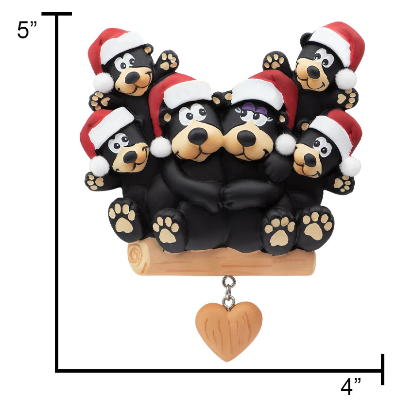 Personalized Black Bear Family of 6 with Heart Christmas Ornament