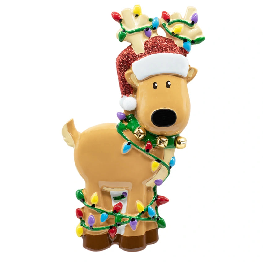 Personalized Reindeer Tangled in Light Christmas Ornament