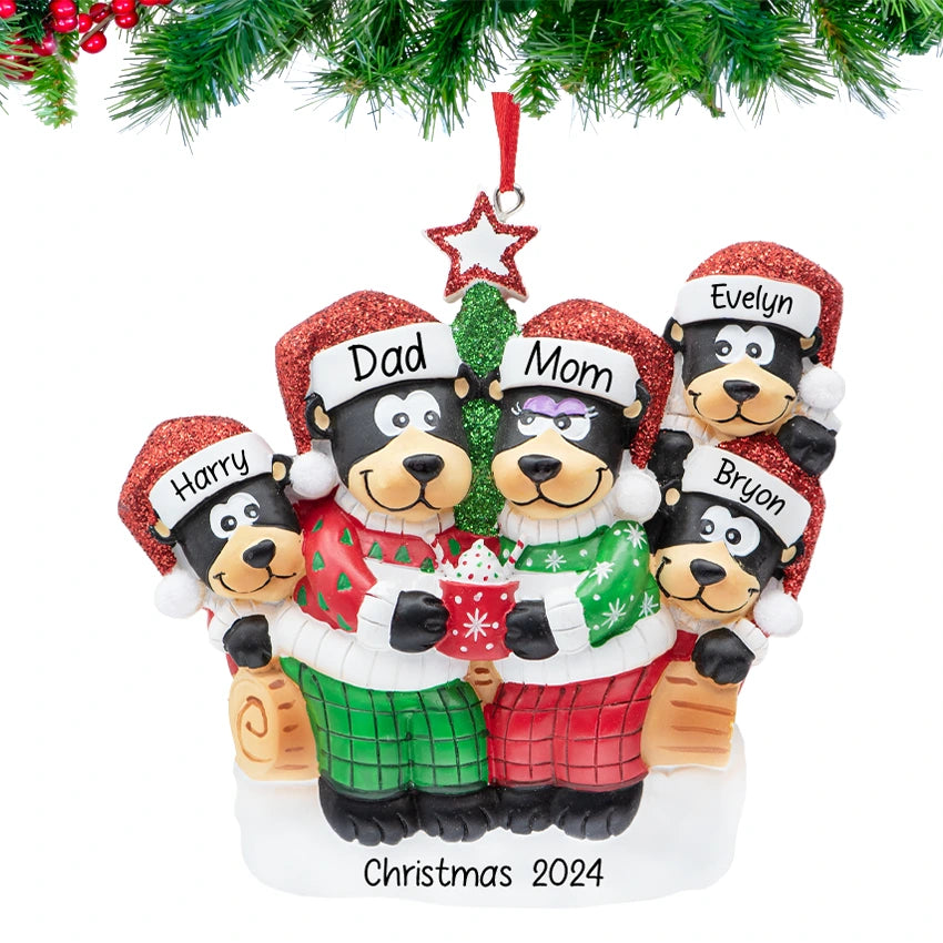 Personalized Black Bear Family of 5 Christmas Ornament