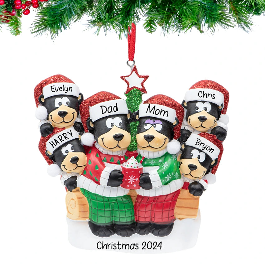 Personalized Black Bear Family of 6 Christmas Ornament