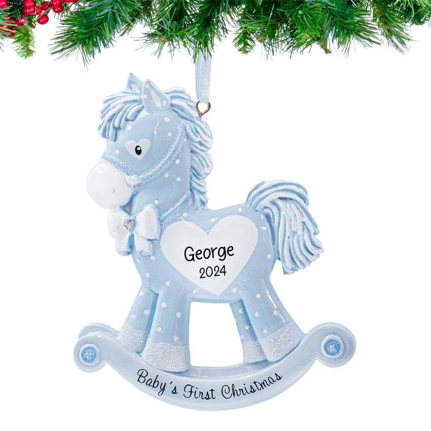 Personalized Baby's First Christmas Ornament Boy Rocking Horse