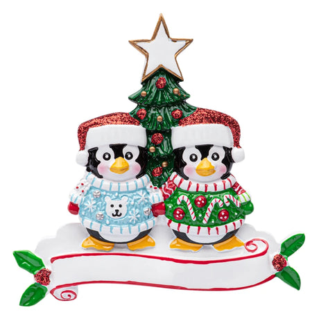 Personalized Ugly Sweater Penguin Couple Christmas Ornament