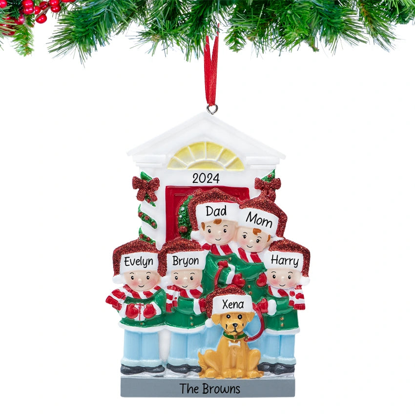 Personalized Family of 5 with Dog Ornament for Christmas Tree