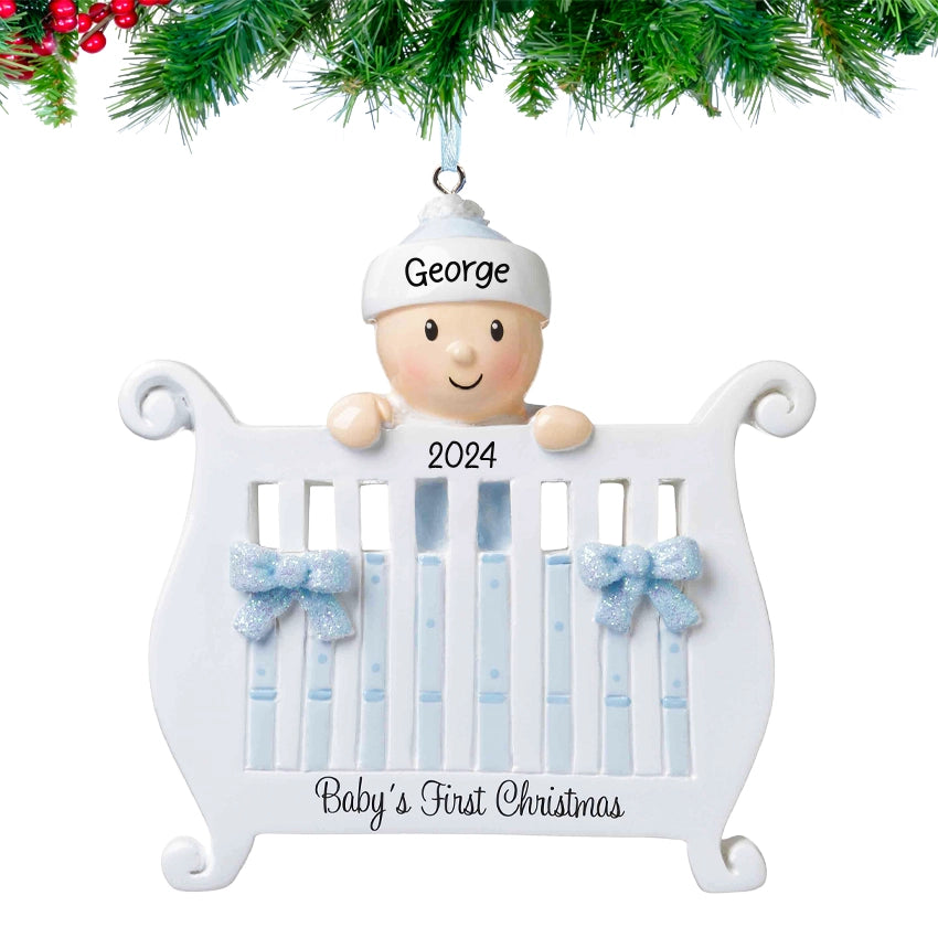 Personalized Baby's First Christmas Ornament - Baby Boy in Crib