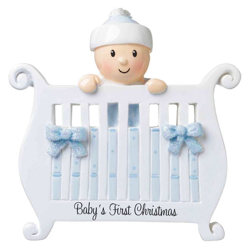 Personalized Baby's First Christmas Ornament - Baby Boy in Crib