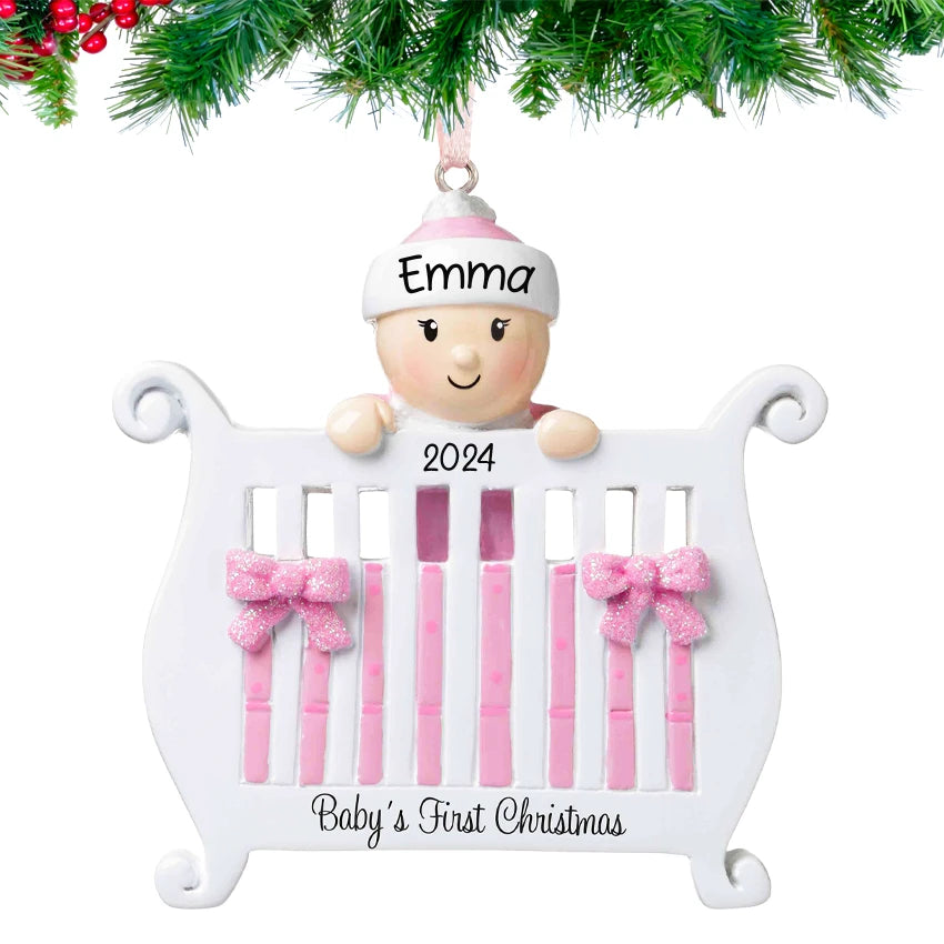 Personalized Baby's First Christmas Ornament - Baby Girl in Crib