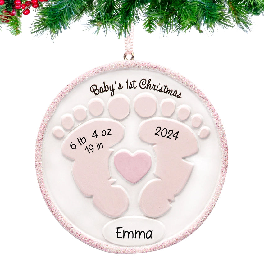 Personalized Baby's First Christmas Ornament Girl - Footprint with Birth Stats & Name