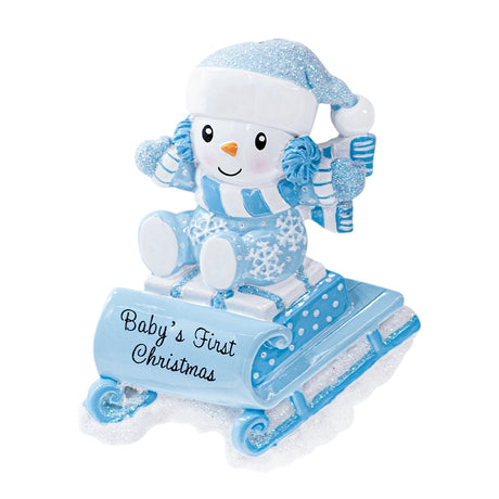 Personalized Baby's First Christmas Ornament Boy - Snowbaby on Sled