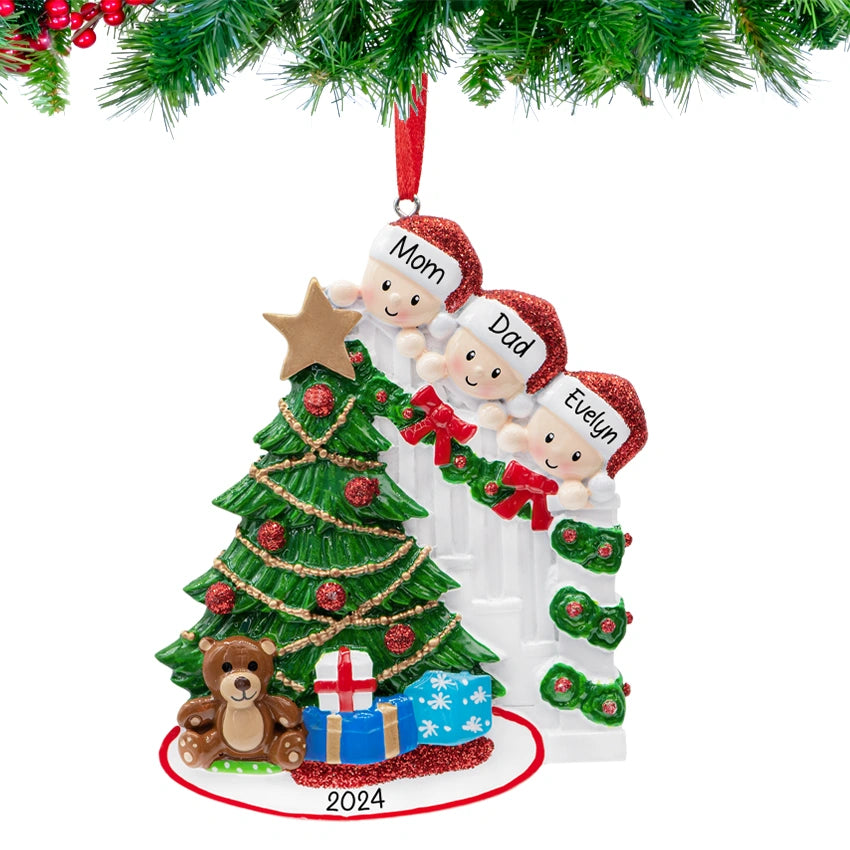 Personalized Present Peeking Family of 3 Christmas Ornament