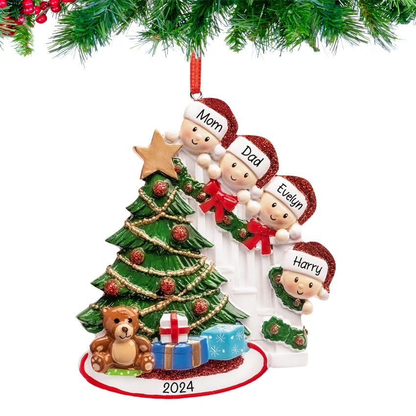 Personalized Present Peeking Family of 4 Christmas Ornament