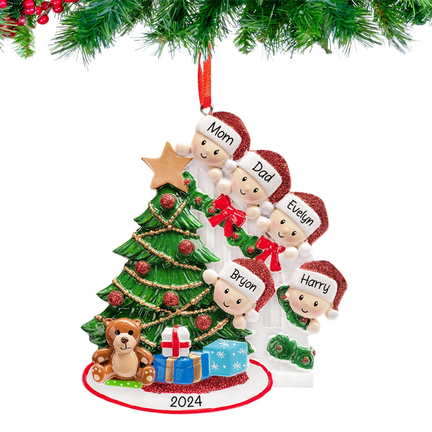 Personalized Present Peeking Family of 5 Christmas Ornament