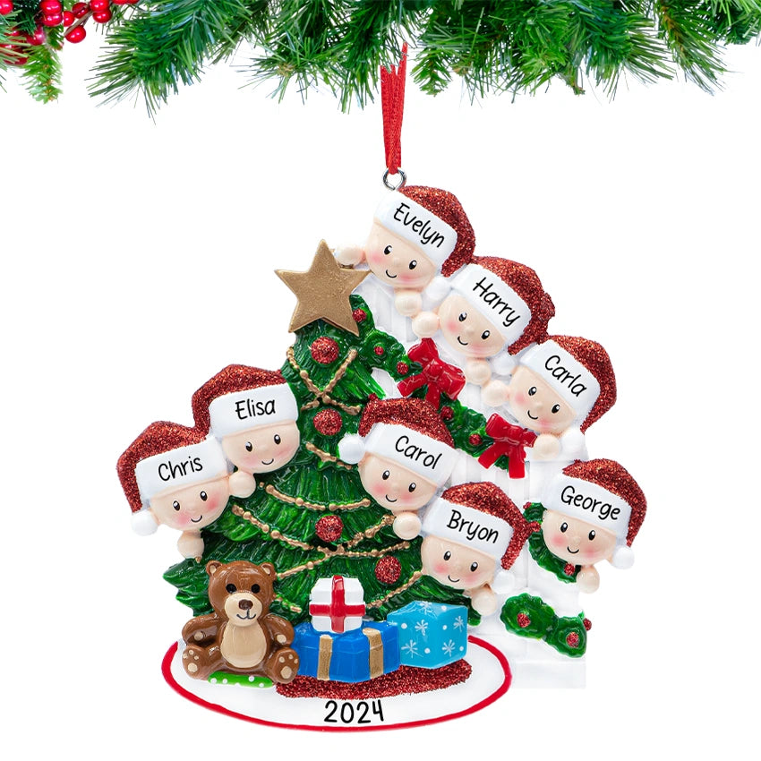 Personalized Present Peeking Family of 8 Christmas Ornament