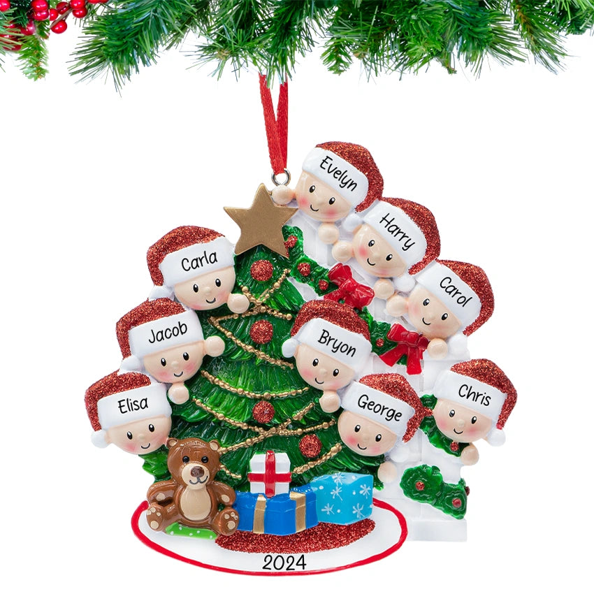 Personalized Present Peeking Family of 9 Christmas Ornament