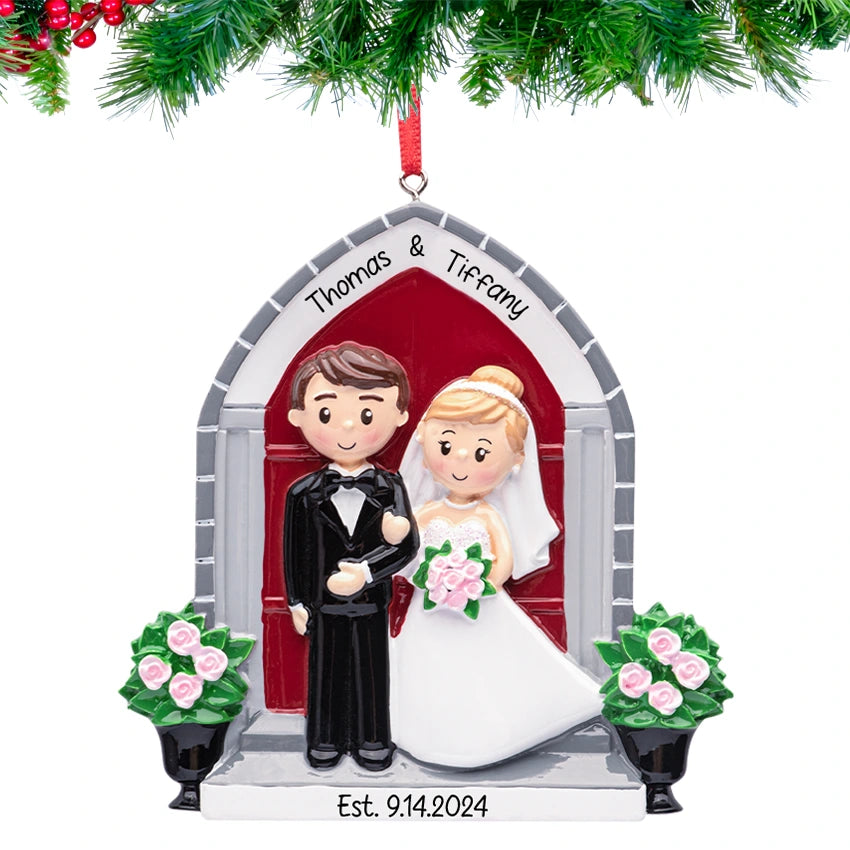 Personalized Bride & Groom in Front of Church Christmas Ornament