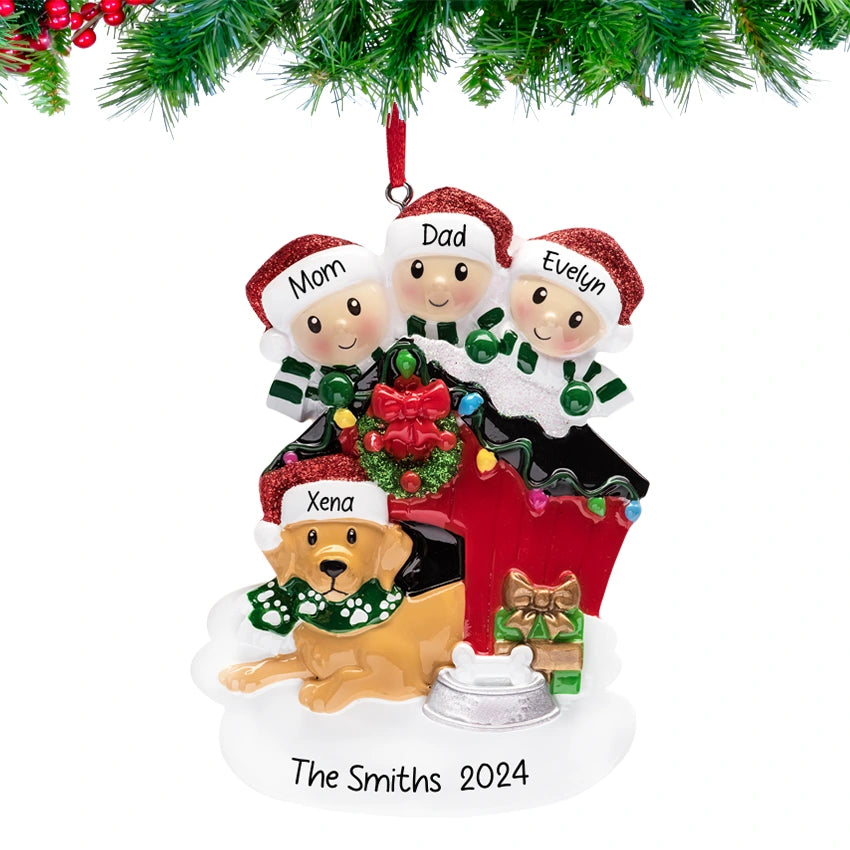 Personalized Family of 3 with Dog Christmas Ornament