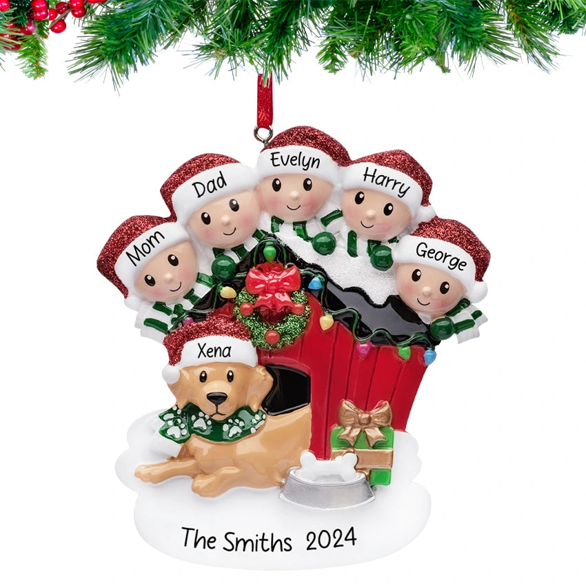 Personalized Family of 5 with Dog Christmas Ornament