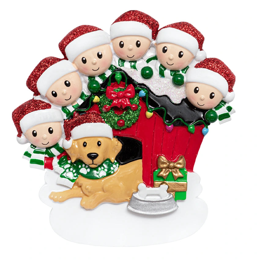 Personalized Family of 6 with Dog Christmas Tree Ornament