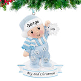 Personalized Baby's Second Christmas Ornament - Baby Boy Holding Snowflake