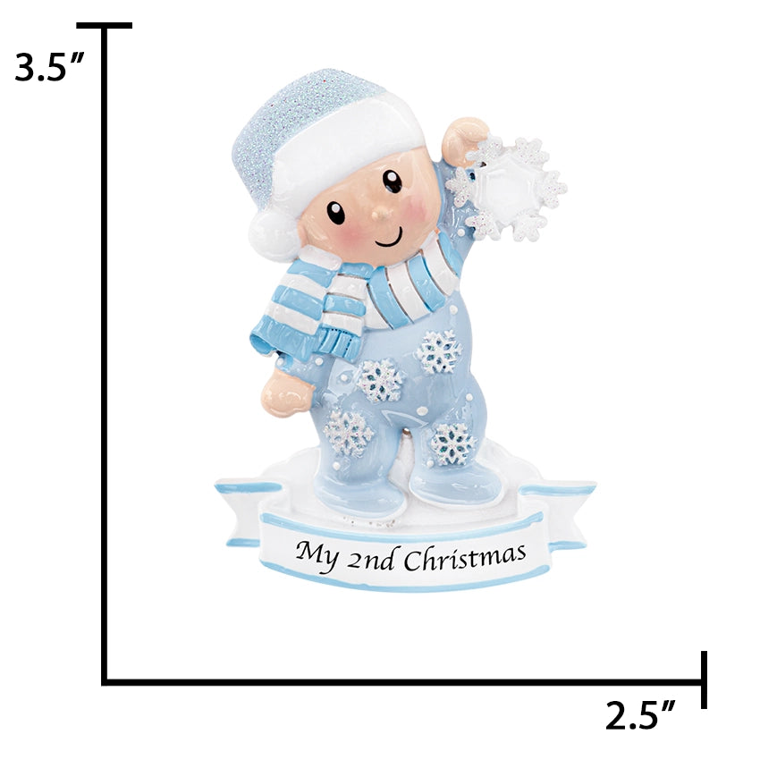 Personalized Baby's Second Christmas Ornament - Baby Boy Holding Snowflake