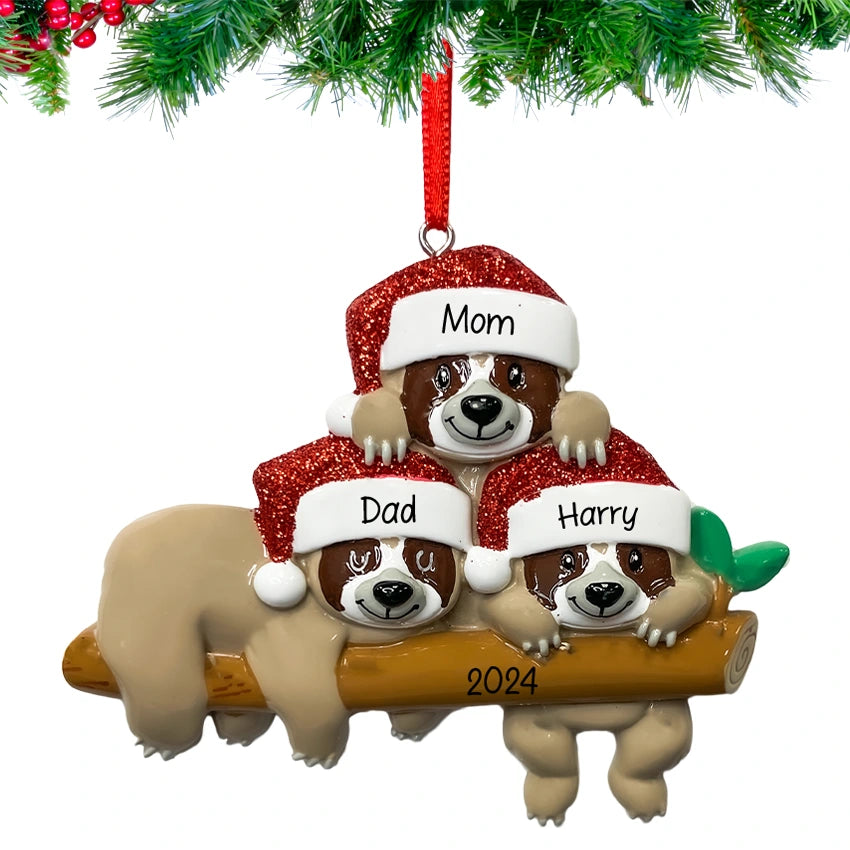 Personalized Sloth Family of 3 Christmas Ornament