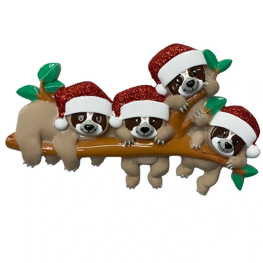 Personalized Sloth Family of 4 Christmas Ornament