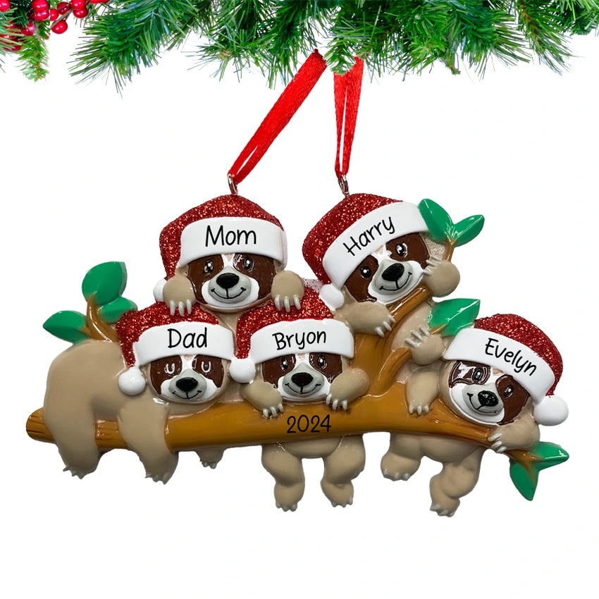 Personalized Sloth Family of 5 Christmas Ornament