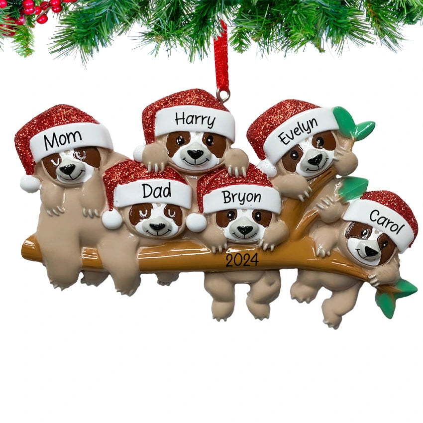 Personalized Sloth Family of 6 Christmas Ornament