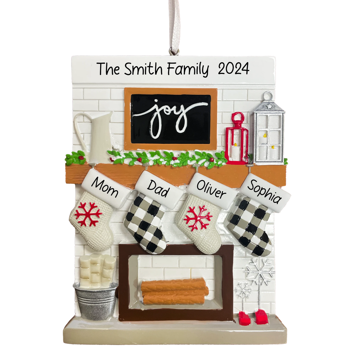 Personalized Fireplace Mantel Family of 4 Christmas Ornament