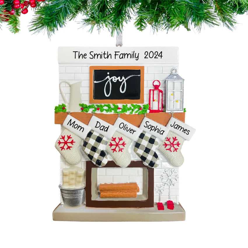 Personalized Fireplace Mantel Family of 5 Christmas Ornament