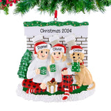 Personalized Fireplace Couple with Dog Christmas Ornament