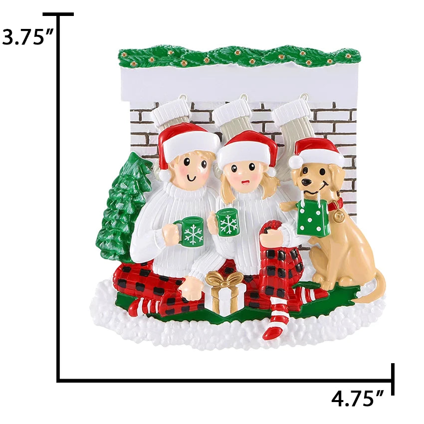 Personalized Fireplace Couple with Dog Christmas Ornament