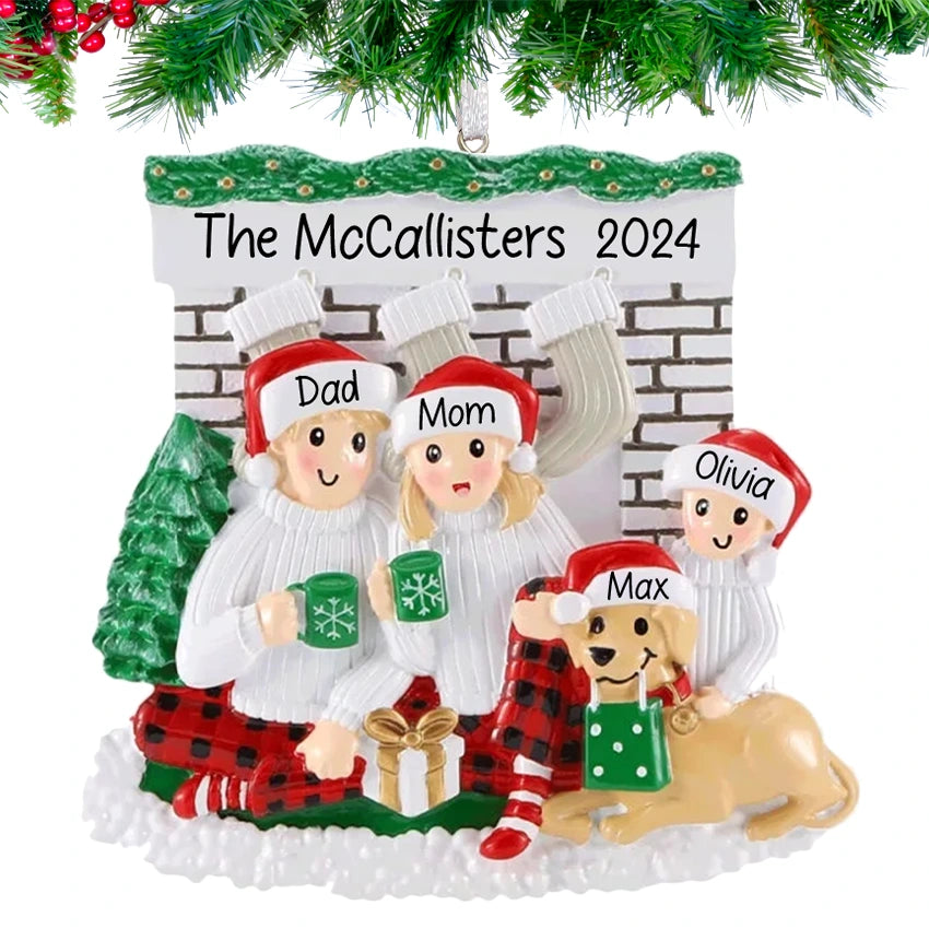 Personalized Fireplace Family of 3 with Dog Christmas Ornament