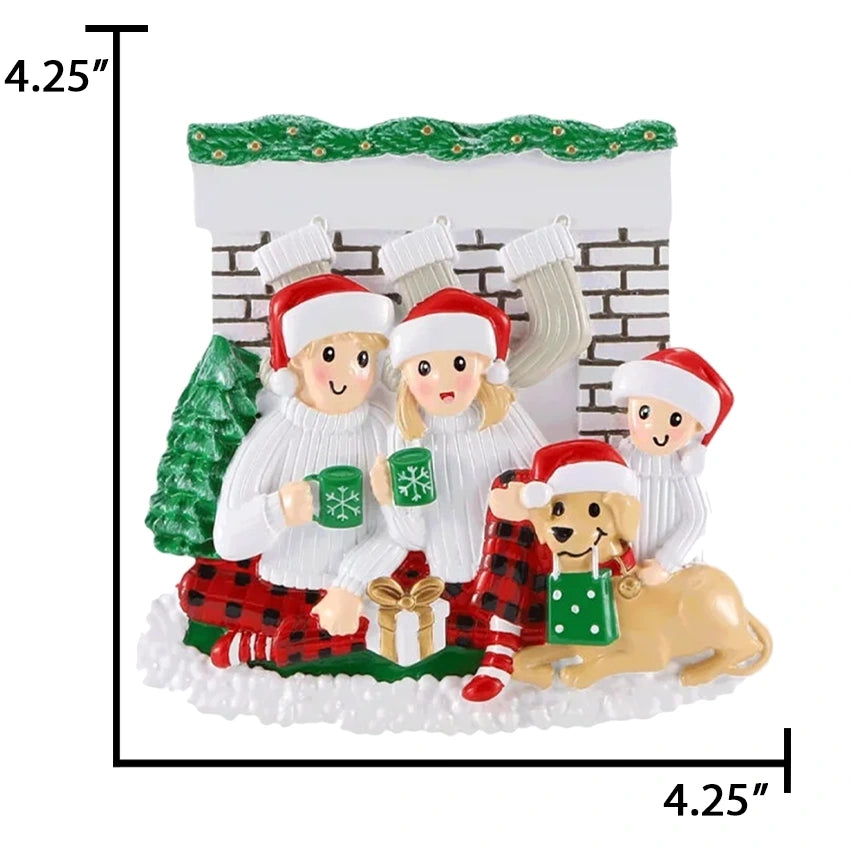 Personalized Fireplace Family of 3 with Dog Christmas Ornament