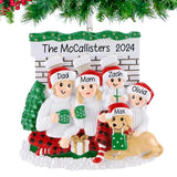 Personalized Fireplace Family of 4 with Dog Christmas Ornament