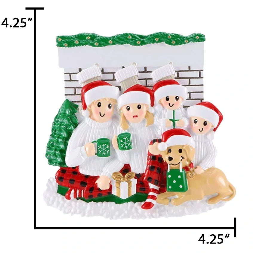 Personalized Fireplace Family of 4 with Dog Christmas Ornament