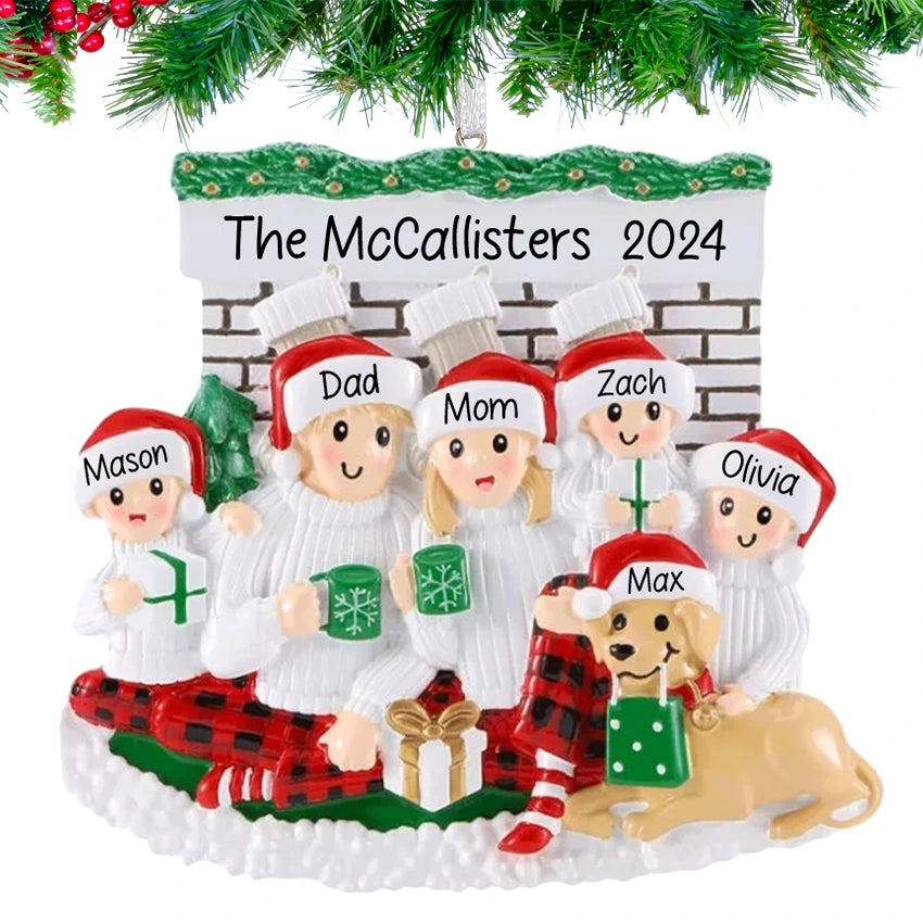 Personalized Fireplace Family of 5 with Dog Christmas Ornament