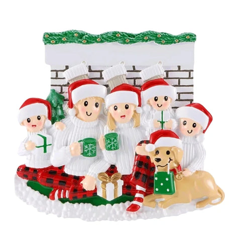 Personalized Fireplace Family of 5 with Dog Christmas Ornament