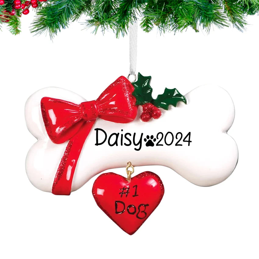 Personalized Dog Bone Christmas Ornament - Dog Bone with Heart & Bow