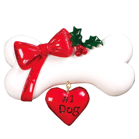 Personalized Dog Bone Christmas Ornament - Dog Bone with Heart & Bow